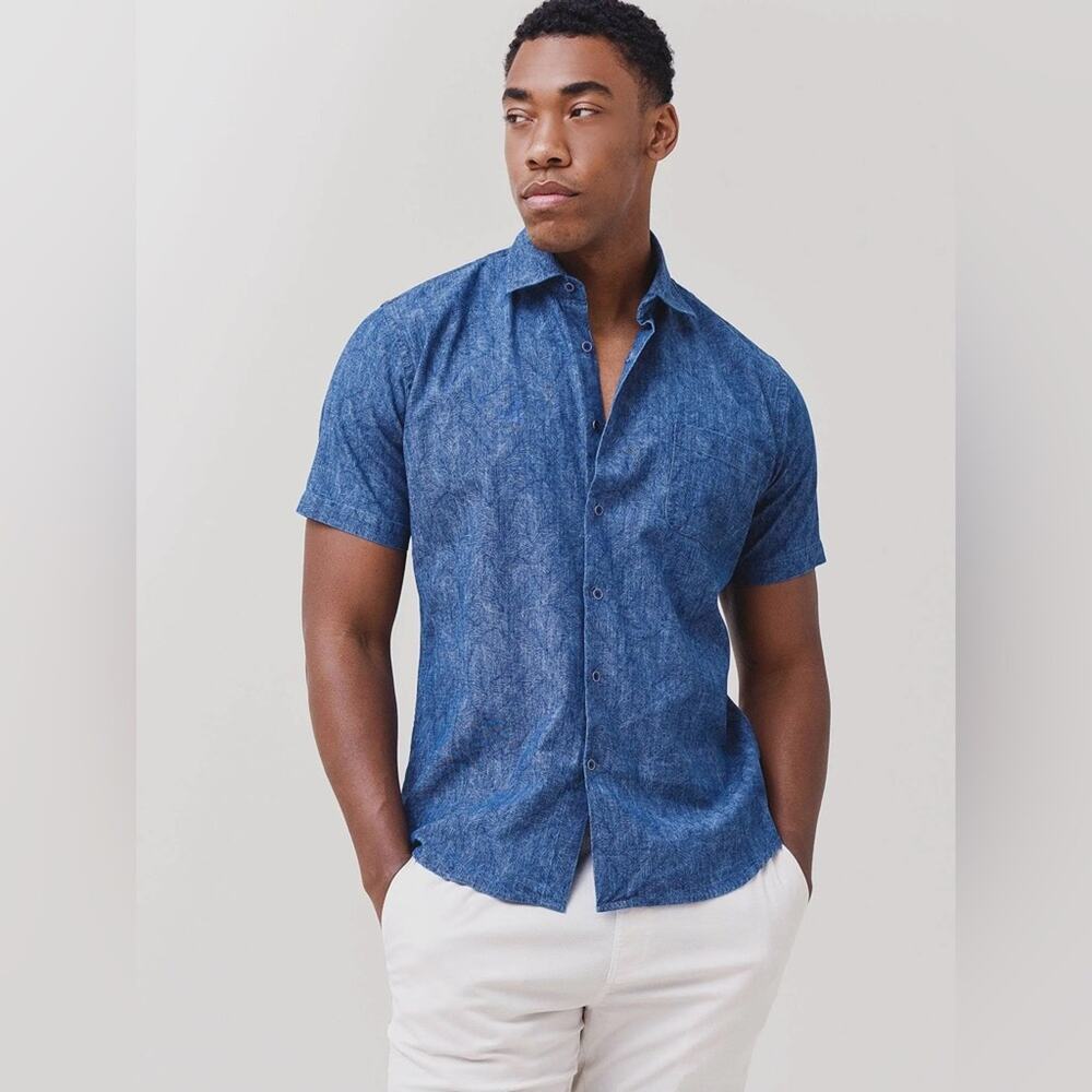 Peter Millar Seaside Indigo Palm Cotton-Stretch Button S/S Sport Shirt Men L